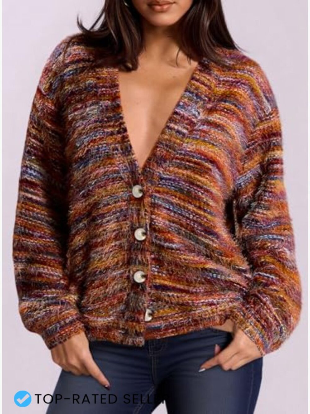 Striped V-Neck Cardigan Fuzzy Knit Oversized Chic Fall Winter Outerwear - Picture 2 of 7
